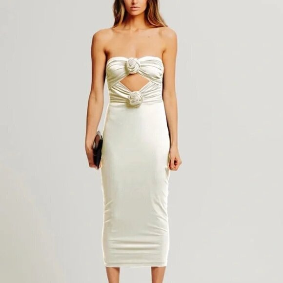 New Torn by Ronny Kobo Selena Strapless Cutout Rosette Bodycon Ivory Midi Dress - Picture 3 of 15